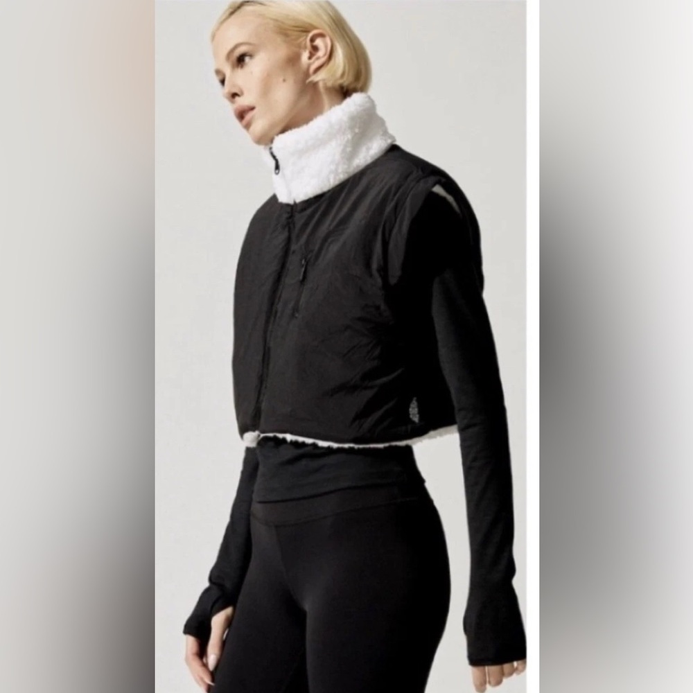 FP Movement by Free People Black Cropped Vest with White Sherpa Collar